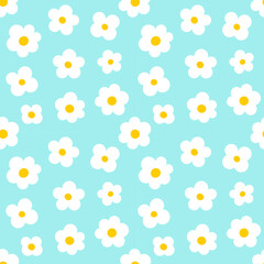 Cute white daisy flowers seamless blue pattern.