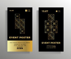 Design for a banner, flyer, poster, brochure, booklet, book. Set of vector geometric patterns. Color black with gold. The format is elongated vertical.