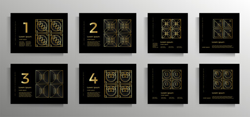 Fototapeta na wymiar Cover design for brochure, booklet, book, poster, flyer, textbook, folder. Collection of vector geometric patterns with golden lines. A set of templates of different formats.