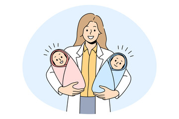Giving birth to twins concept. Young woman doctor nurse midwife standing and holding twins boy and girls newborn infant in hands in clinic vector illustration