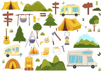 Camping and hiking elements. Forest hike icon set.Wanderlust scout adventure icons.