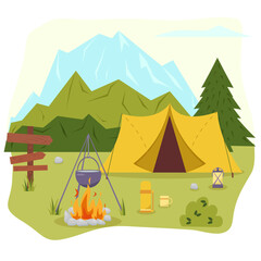 Camping concept art. Flat style illustration of beautiful landscape, mountains, forest, tent, and a campfire. Design for banner, poster, website, emblem, logo and others.