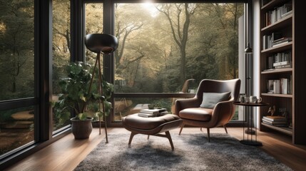 Plakat Cozy Reading Place, Room with Big Windows, Nature Surroundings, Tranquil Escape, Generative AI Illustration