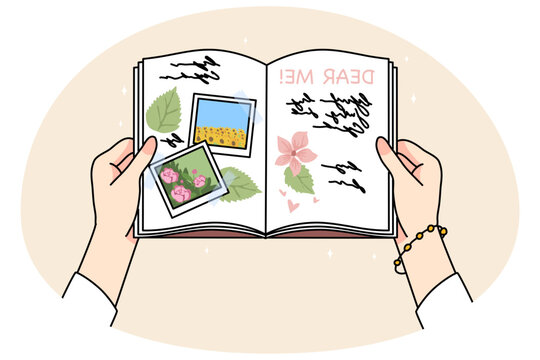 Woman hands hold diary read memories see pictures and photos from past. Female consider message or text in notebook. Note or mail to self concept. Flat vector illustration.