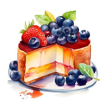 Cheese cake con frutti di bosco, clip art ad acquarello