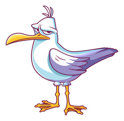 Seagull illustration. Cartoon style. Funny angry bird character