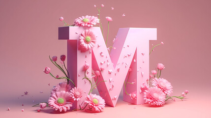 Creative letter M concept made of fresh Spring flowers, generative AI.