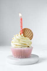 Pink cupcakes with tall american buttercream swirl and cookie garnish, cupcakes in pink liners with a tall vanilla buttercream and a cookie, birthday cupcakes on a white background