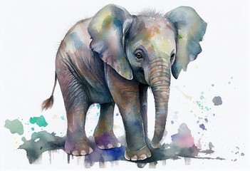 Fototapeta na wymiar Watercolor painting of a cute baby elephant. Generative AI