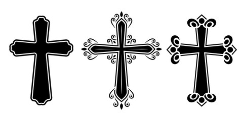 Religious cross, crucifix icon set. Catholic, christian ornate crosses. Decorative church, religion, gothic symbols. Vector illustration.