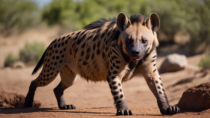 Obraz premium closeup of a dangerous staying hyena with some bushes in blurry background, generative AI