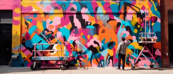 A shot of a street artist working on a colorful mural on the side of a building in a bustling city, generative Ai