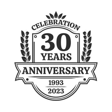 30 years anniversary icon or logo. Vintage birthday banner design. 30th anniversary yubilee celebration badge or label. Vector illustration.