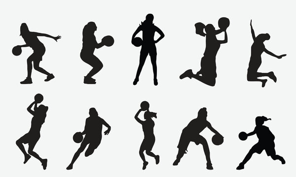 Set of women basketball player silhouette. Vector illustration