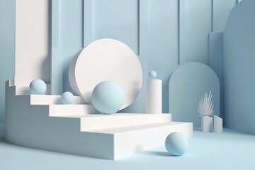 background products display podium scene, Minimal scene with podium and abstract background. Pastel blue and white colour background. AI generator, basic scene