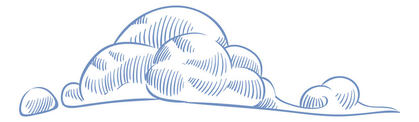 Fluffy cloud in blue ink sketch style. Sky symbol
