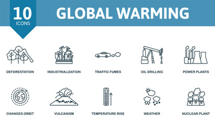 Global warming outline set. Creative icons: deforestation, industrialization, traffic fumes, oil drilling, power plants, changes orbit, vulcanism, temperature rise, weather, nuclear plant.
