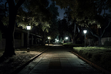 Dark Path Leading Into Old Park Area At Night. Generative AI