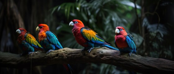 A stunning close-up photo of exotic birds perched on branches in a tropical forest, generative Ai