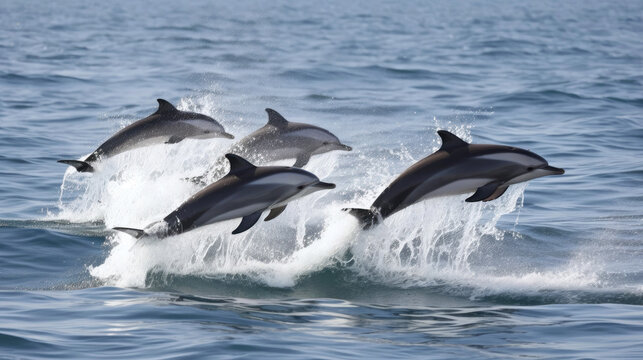 Dolphins swimming in ocean and jumping out of water (Generative AI)