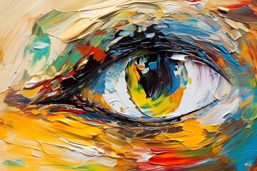 Conceptual abstract closeup of woman eye rendered in vibrant colors like oil painting using a palette knife on canvas, generative ai