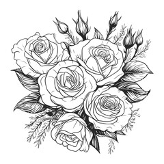 Bucket of roses flower in black and white line art vector illustration