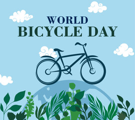 Fototapeta na wymiar World Bicycle Day Vector Background With Bicycle and flower. 