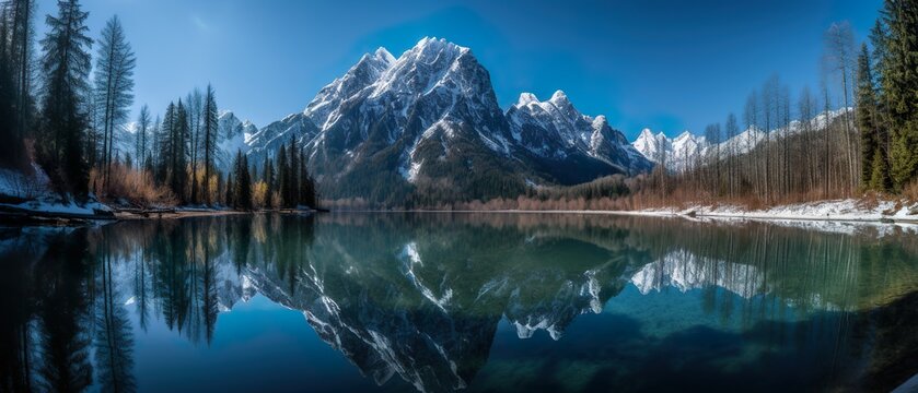 A wide-angle shot of a breathtaking reflection of the mountains on the water, generative Ai