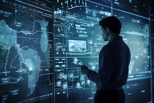 Big data analisierung durch Mann mit Hemd, visualisierungs Technologie, KI Technologie, Business technologie, AI generative