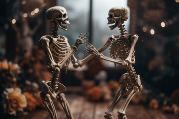 Joyful halloween skeletons dancing. Generative AI