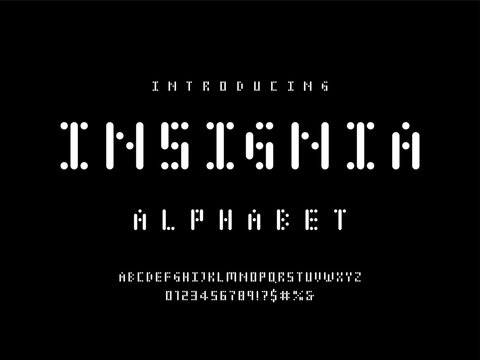 futuristic style alphabet design with uppercase, numbers and symbols