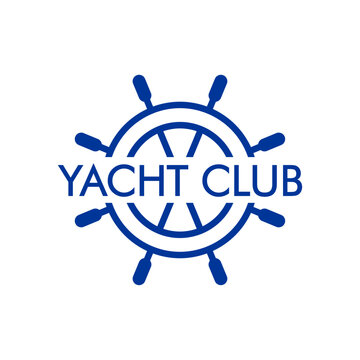 Logo Nautical. Timón de barco lineal con frase yacht club	