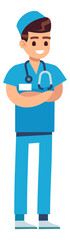 Surgeon character. Smiling man in doctor blue uniform