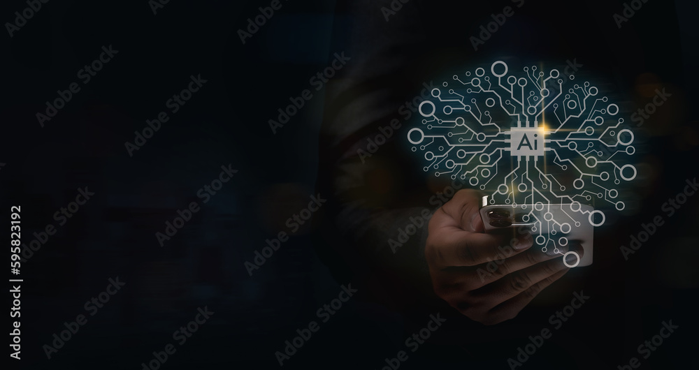 Poster artificial intelligence (ai) businessman hand working computer big data network connection internet 