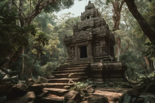 AI-generated image of Hindu temple ruins in remote forest. Generative AI
