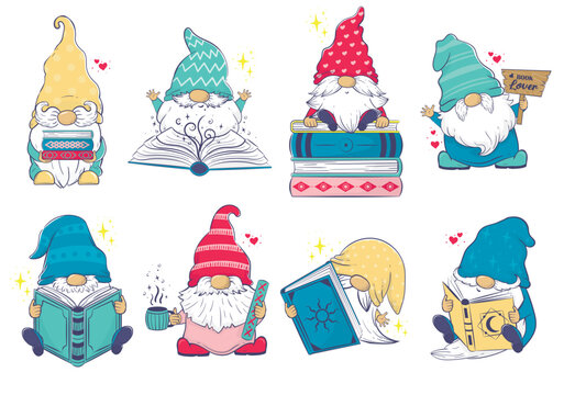 Clipart collection with Cute cartoon gnomes with books.