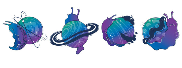 Clipart collection with Mystical slug snails with a space planet instead of a shell-house © Зоя Лунёва