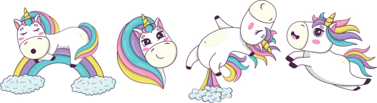 Set of funny kawaii unicorns in anime style for kids product design