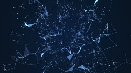 Abstract background of geometric shapes. Connections in the form of lines and faces between points in space on a blue background. 3D render.