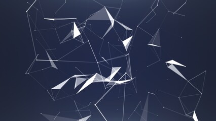 Abstract background of geometric shapes. Connections in the form of lines and faces between points in space on a blue background. 3D render.