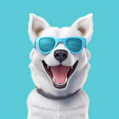 Cool white dog wearing light blue sunglasses and a colar laughing and smiling in front of a light blue background. Cool and cute dog. AI Generated