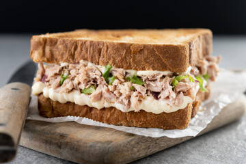 Tuna sandwich with mayo and vegetables on gray surface