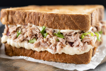 Tuna sandwich with mayo and vegetables on gray surface. Close up