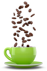 Ceramic coffee cup with coffee beans for americano, espresso, latte on white