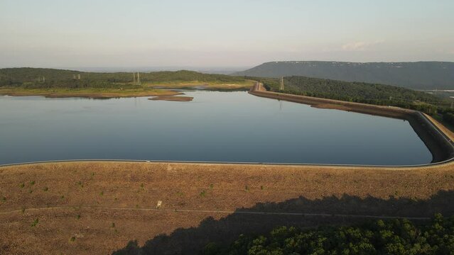 Raccoon Mountain Reservoir pumped storage facility, car driving around, aerial view