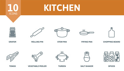 Kitchen outline set. Creative icons: grater, rolling pin, stew pan, frying pan, chopping board, tongs, vegetable peeler, tureen, salt shaker, spices.