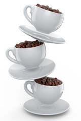 Ceramic coffee cup with coffee beans for americano, espresso, latte on white