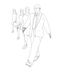 Outline of walking people in a row of black lines isolated on a white background. A man and three women. Vector illustration.