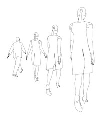 Outline of walking people in a row of black lines isolated on a white background. A man and three women. Back view. Vector illustration.