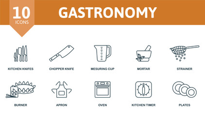 Gastronomy outline set. Creative icons: kitchen knifes, chopper knife, measuring cup, mortar, strainer, burner, apron, oven, kitchen timer, plates.